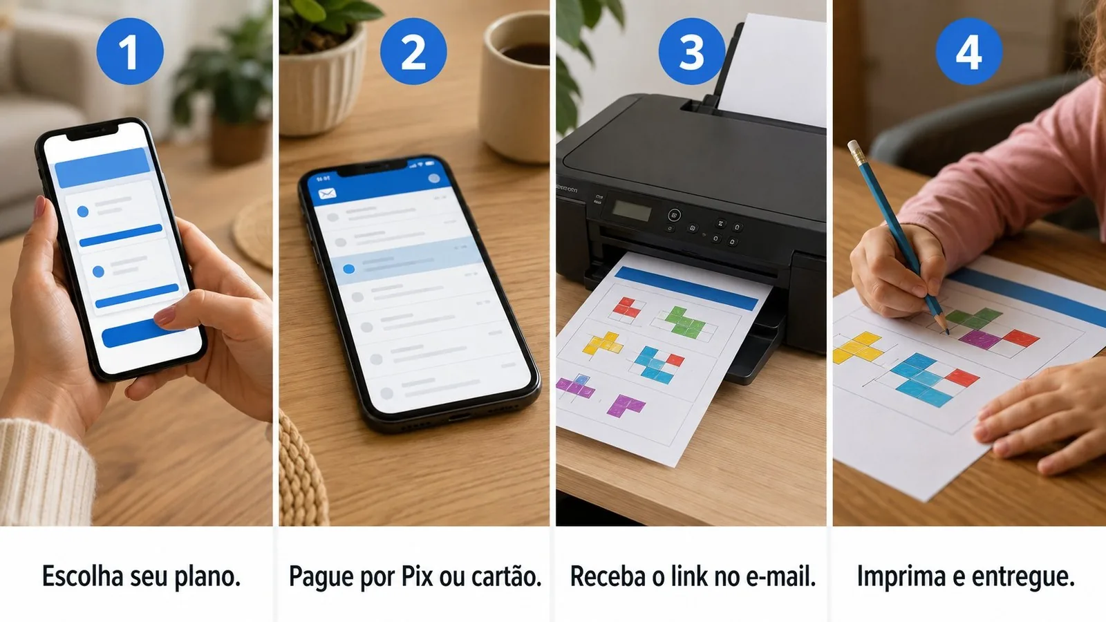 Os quatro passos, em fotos: 1, escolha seu plano - mãos segurando o celular na tela de planos. 2, pague por Pix ou cartão - o celular sobre a mesa com o e-mail chegando. 3, receba o link no e-mail - a impressora doméstica com a folha de atividade colorida saindo. 4, imprima e entregue - as mãos da criança com o lápis, preenchendo a folha impressa.