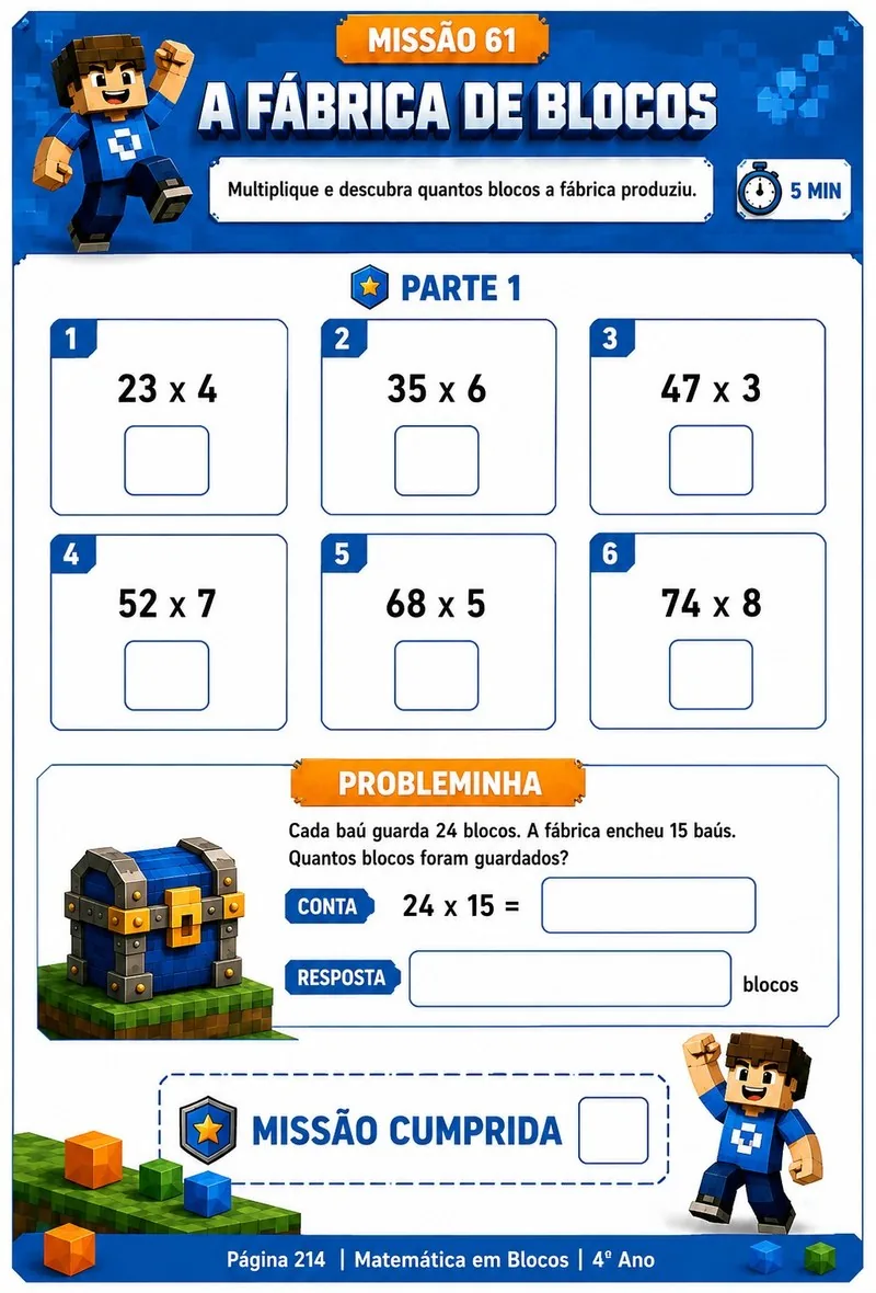 Folha do 4º ano. A Fábrica de Blocos: seis multiplicações por dois algarismos e um probleminha com baús de blocos.
