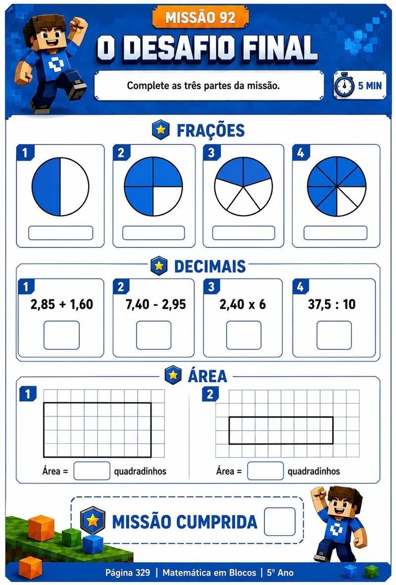 Folha do 5º ano. O Desafio Final: frações em figuras divididas, quatro contas com decimais e cálculo de área em malha quadriculada.