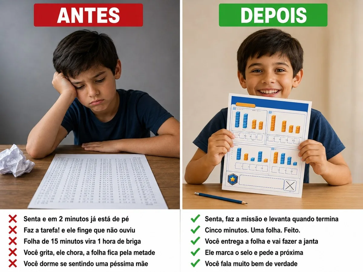 Antes e depois. Antes: o menino de cabeça baixa diante de uma folha enorme e apertada, cheia de contas miúdas, com papel amassado ao lado. Senta e em 2 minutos já está de pé. Faz a tarefa! e ele finge que não ouviu. Folha de 15 minutos vira 1 hora de briga. Você grita, ele chora, a folha fica pela metade. Você dorme se sentindo uma péssima mãe. Depois: o mesmo menino sorrindo, segurando erguida uma folha colorida do Matemática em Blocos já terminada, com o selo marcado. Senta, faz a missão e levanta quando termina. Cinco minutos, uma folha, feito. Você entrega a folha e vai fazer a janta. Ele marca o selo e pede a próxima. Você fala muito bem de verdade.
