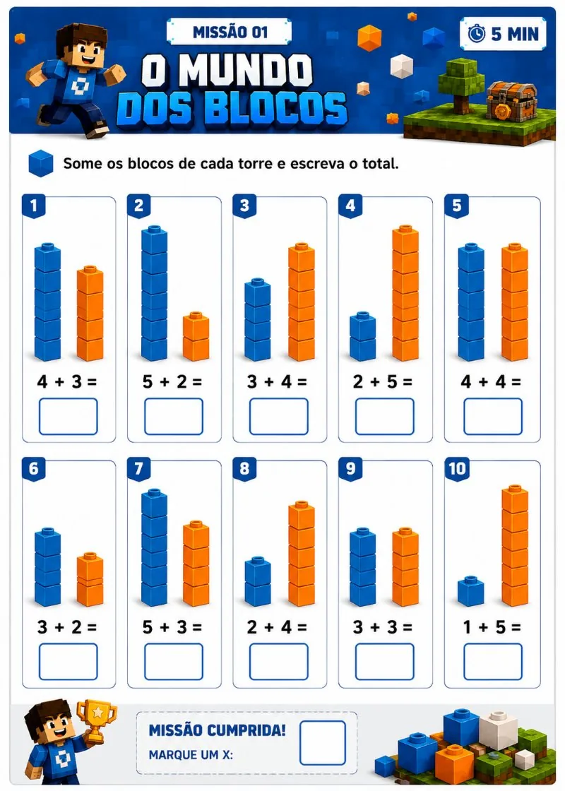 Folha do 1º ano. O Mundo dos Blocos: dez somas até 10, com torres de blocos para contar.
