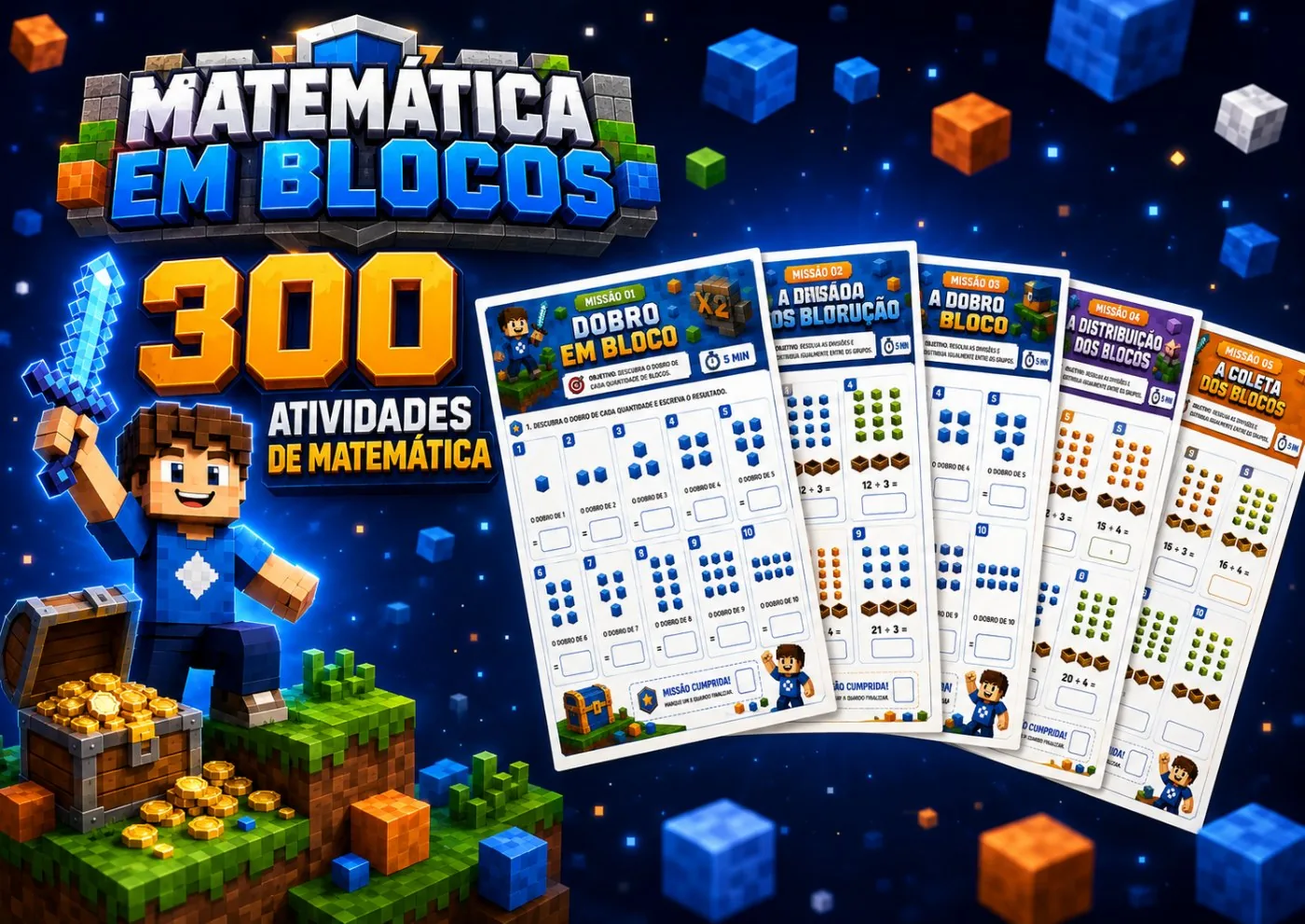 Matemática em Blocos: material de matemática do 1º ao 5º ano, com folhas de missão em tema de aventura em blocos, pronto para imprimir.